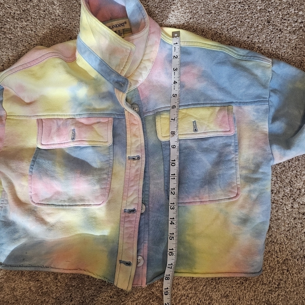 Blank NYC Jacket Yellow Pink Blue Tye Die Trucker Knit Crop Womens Size S - Picture 5 of 5